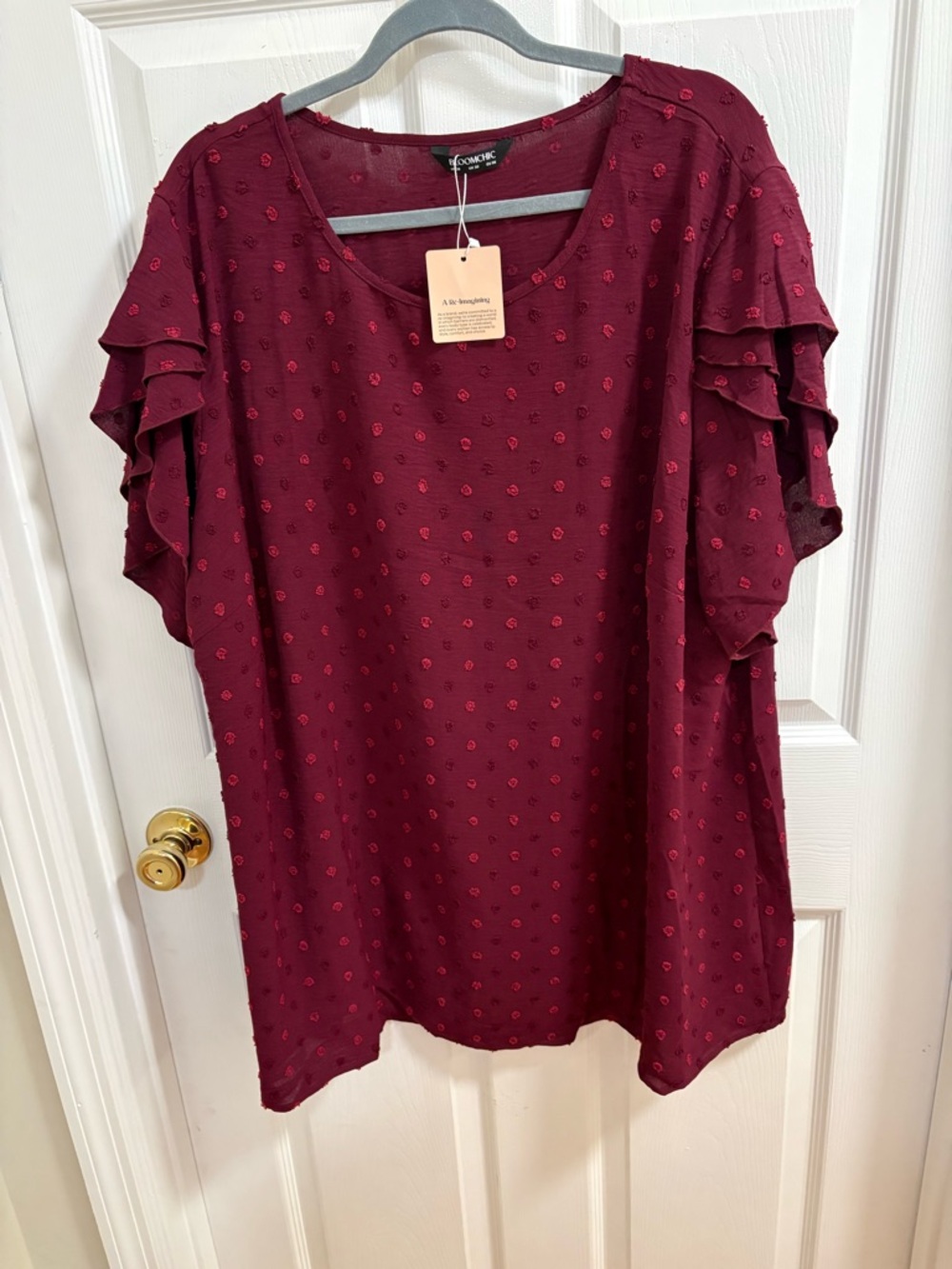 Bloom chick maroon blouse with dots and tiered sleeves, NWT